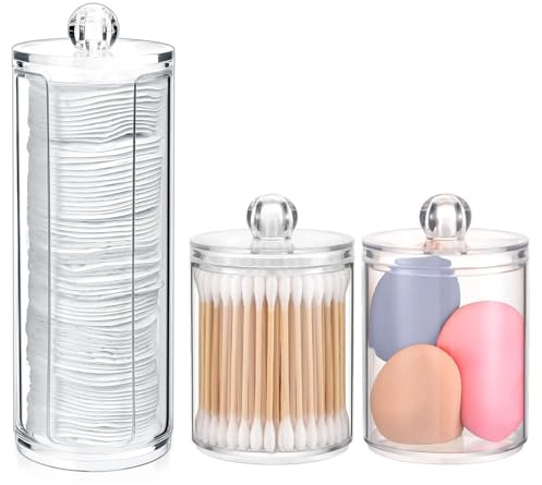 HingtTraum 3er Schminktisch Organizer, Wattepad- & Wattestäbchenbehälter | 3er Acryl-Organizer mit Deckeln für Wattepads, Wattestäbchen und Kosmetik – übersichtlich im Bad und am Schminktisch.