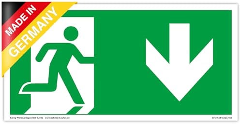 Schild Notausgang | extra langnachleuchtend | PVC selbstklebend 297x148mm | gemäß ASR A1.3 DIN 7010 DIN 67510 | Notausgangsschild Pfeil nach unten | Fluchtwegschild Rettungsweg | Dreifke® extra 160