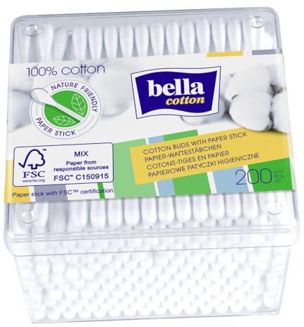 Bella Cotton Wattestäbchen mit Papierschaft, 200 Stück
