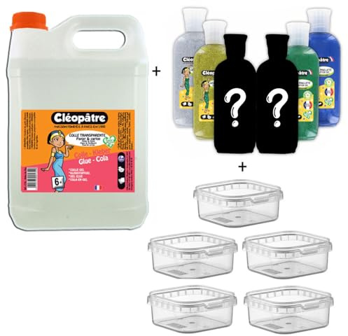 Cléopatre - Set Transparenter Kleber 2kg + 6 Glittertuben + 5 Aufbewahrungsboxen - Kleber, Lösungsmittelfrei, Reinigung mit Wasser - Ab 6 Jahren