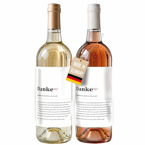 Lineo® 2er Set Flaschenetiketten Aufkleber Definition Geschenk für alle handelsüblichen Weinflaschen & Biere; Mitbringsel zu jedem Anlass oder Dankesgeste (Danke)