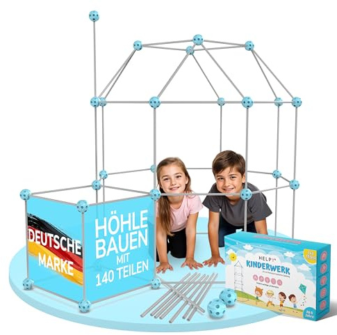 H E L P Y® KINDERWERK - Konstruktionsspielzeug – 140-teiliges Set zum Höhle Bauen für Kinder – Unterstützt Kreativität & räumliches Denken – Indoor & Outdoor Spielzeug (blau/grau)