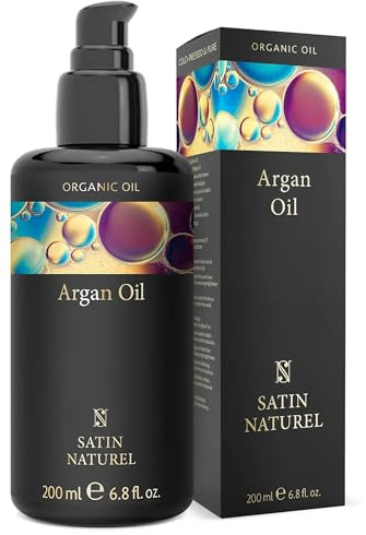 Satin Naturel Bio Arganöl 200ml – 100% Reines Kaltgepresstes Öl – Natürliches Pflegeöl für Haare, Haut, Nägel & Bart – Haaröl gegen Trockenes Haar & Kopfhaut, Zertifiziert Organisch