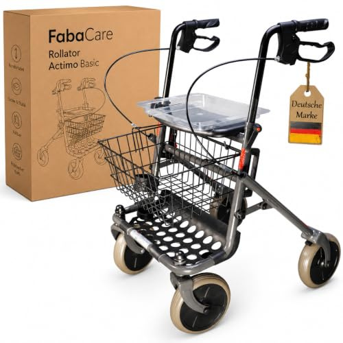 FabaCare Rollator Actimo Basic, faltbar, bis 130 kg, Standardrollator mit Vollausstattung, Korb, Tablett, Auffanggitter, Gehstockhalter, Feststellbremsen & pannensicheren Rädern