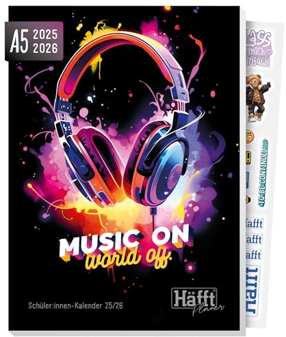 Häfft® Planer 2025/2026 A5 - Softcover Schülerkalender, Schülerplaner, Hausaufgabenheft, Schulplaner "Music On" - nachhaltig & klimafreundlich