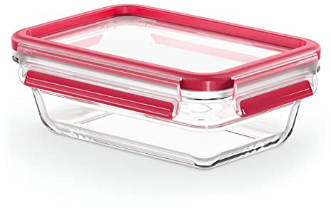 EMSA Clip & Close Glas Frischhaltedosen-Set, rechteckig, 0,7 L, 19,7 x 13,6 x 7 cm, 100 Prozent dicht, Glasbehälter spülmaschinen-, gefrier-, backofen-, mikrowellenfest, Rot, Transparent, N10406