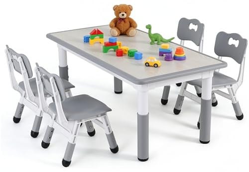 MAMIZO Kindertisch mit 4 Stühlen, Höhenverstellbare Sitzgruppe, Grau | 5-teilige Kindermöbel aus Kunststoff für Kindergarten & Kinderzimmer, langlebiges Kindertischset für Jungen & Mädchen