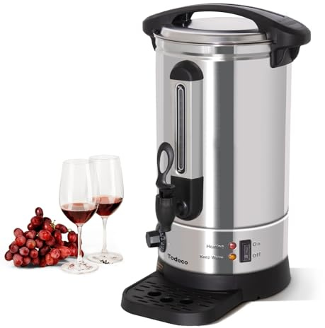 Todeco Glühweinkocher 7,7L, Heißgetränkespender, Temperatur Einstellbar | 1500 W, 30–110 °C, Edelstahl, mit Warmhaltefunktion, Wasserstandsanzeige, Abtropfschale, Zapfhahn, für Glühwein, Tee, Wasser