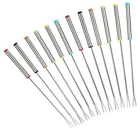 GuDoQi Edelstahl Fondue Gabel Obst Schokolade Springbrunnen Käsegabeln mit Hitzebeständigem Griff 12Er Set ( Zufällige Farbe )