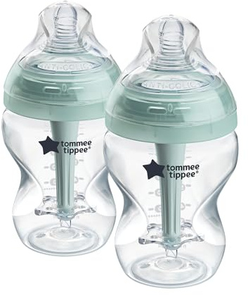 Tommee Tippee-Babyflaschen, Advanced Anti-Kolik-Flasche, 260ml, brustähnl. Sauger (langsam), belüft. Anti-Kolik-Stab, selbststeril., Zubehör, 2er-Pack