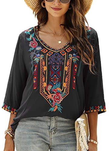 Vakakado Hippie Kleidung Damen Bohemian Folklore Stickerei Bluse 3/4 äRmel V Ausschnitt Tunika Sommer LäSsige Oberteil