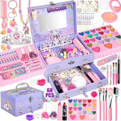 POWLYB Kinderschminke Schminkkoffer Mädchen Schminke Kinder - 68pcs Waschbar Schminke Kinder Make Up Set Mädchen Spielzeug Weihnachts Geburtstags Geschenke für 4 5 6 7 8 9 10 11 12 Jahre