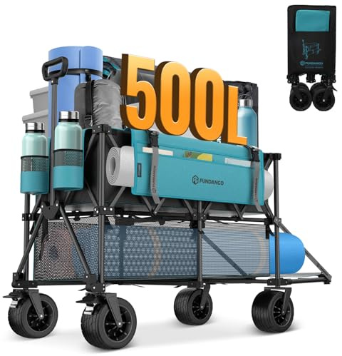 FUNDANGO 500L Doppeldecker Bollerwagen Faltbar, XXXL Faltbarer Doppelstock Bollerwagen mit Bremsen, Seitentaschen und großen All-Terrain-Rädern – geeignet für Sport, Camping, Einkaufen