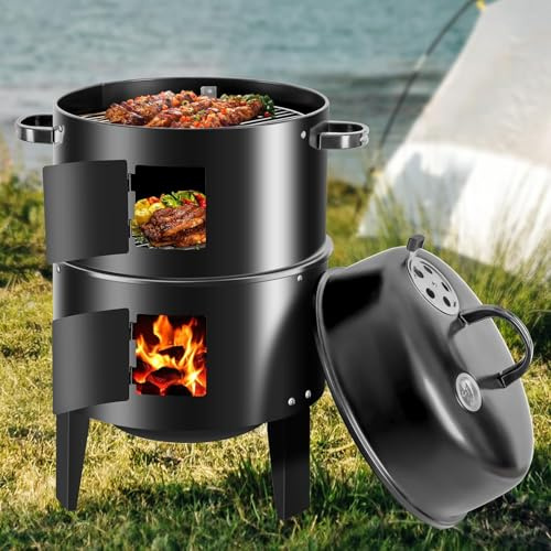 Victoam Räucherofen Holzkohle, 3 in 1 Smoker Grill Holzkohlegrill, Holzkohlegrill mit Thermometer & Deckel, Stahl schwarz, Ø 41 cm, Räucherrack für heißräuchern und kalträuchern, Smoker, BBQ Grillofen