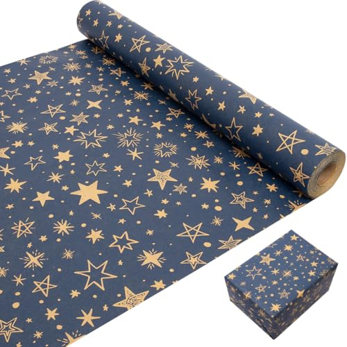 43 cm × 20 m Weihnachtsgeschenkpapierrolle, Kraftpapier bedruckt mit Sternen, recycelbare Kraftpapierrolle für Weihnachten, Geburtstag, Hochzeit, Geschenkpapier