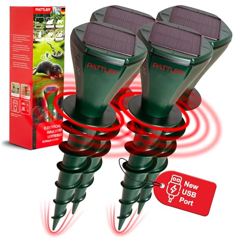 PATTLER® Maulwurf Vertreiber 4er Set – Solarbetrieben, deckt bis zu 1600m² ab | Frequenzwechsel gegen Maulwurf & Wühlmaus | Schraubdesign für einfache Installation | sicher für Haustiere