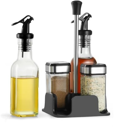 SIAZIH Drehbares Gewürzgläser Set, 2 x 120 ml Gewürzgläser eckig, 1 x Gewürzregal, 2 x 200 ml Essig-Öl-Flaschen, Gewürzdosen für Gewürze, Salz
