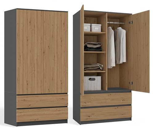 CDF Kleiderschrank 90 cm Breit Kinderkleiderschrank Zweitüriger Kleiderschrank 2 Schubladen 3 Regalen Einer Kleiderstange Schlafzimmer Laminierte Platte 16mm Mehrzweckschrank Eiche Artisan / Anthrazit