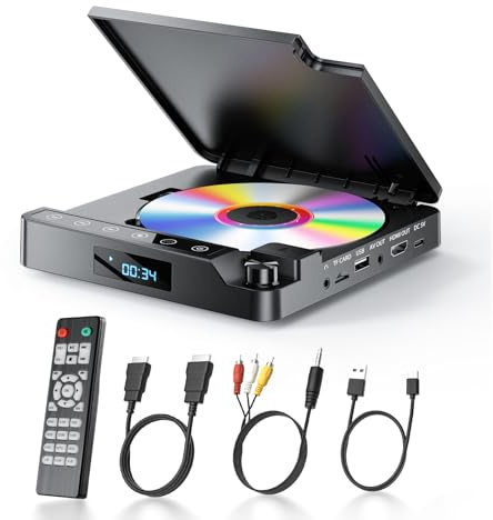 Desobry DVD Player für Fernseher 1080p, DVD Player HDMI/AV und USB/TF-Karte Eingang, All Region Free Mini DVD Player mit Haltepunktspeicherung/Rauschunterdrückung/Fehlerkorrektur/Anti-Prell-Funktion