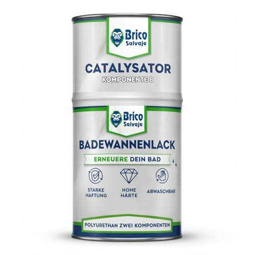 BRICOSALVAJE 2K Badewannenlack 750 ml (600 ml + 150 ml Härter) – Badewannenbeschichtung für Badewanne & Duschwanne, PU-Polyurethan, wasserfest, abriebfest – Seidenmatt – Farbe: Keramikweiß Aniston