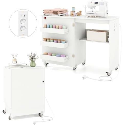 GIANTEX Nähtisch mit Ladestation, Nähmaschinentisch klappbar, Nähschrank mit Rollen, Nähmaschinenschrank Holz mit Stauraum, Nähtisch für Nähmaschine, Mehrzwecktisch 116 x 41 x 78 cm (Weiß)