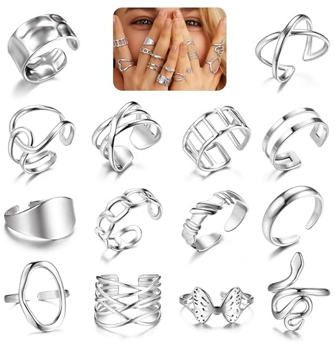 LOLIAS 16 Stück Ringe Silber für Frauen Edelstahl Ring Verstellbar Offene Daumen Knöchel Ringe Silber 925 Damen Rings Set Silberringe Fingerringe Damenring Chunky Silver Rings Women Schmuck Damen