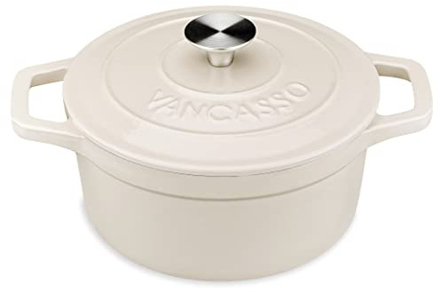 Vancasso Gusseisen Bräter, 2L /Ø 20cm Gusseisen Topf mit Deckel für Brot Backen, Schmortopf, Kasserolle, Gussbräter für Alle Herdarten und Induktion Geeignet, Rund, Creme Weiß