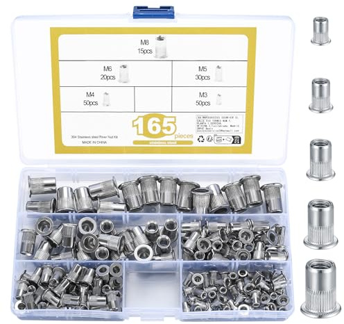 165 Stk Nietmuttern Set, M3 M4 M5 M6 M8 Gewindenieten, Blindnietmuttern, Flachkopf Gewindehülsen, Edelstahl Einschraubmutter Sortiment Set, Einnietmuttern mit Gewinde