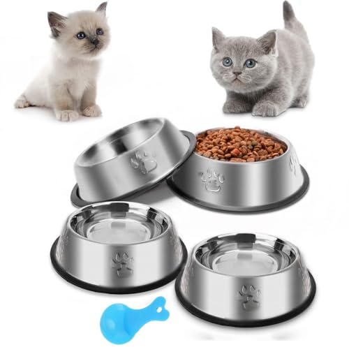 Katzennapf, Futternapf Katze, 4 Stück Katzennäpfe Edelstahl rutschfest Katzen Napf Set, Fressnapf Katze aus Edelstahl Futterschüssel, Wasser Fütterung Schüssel