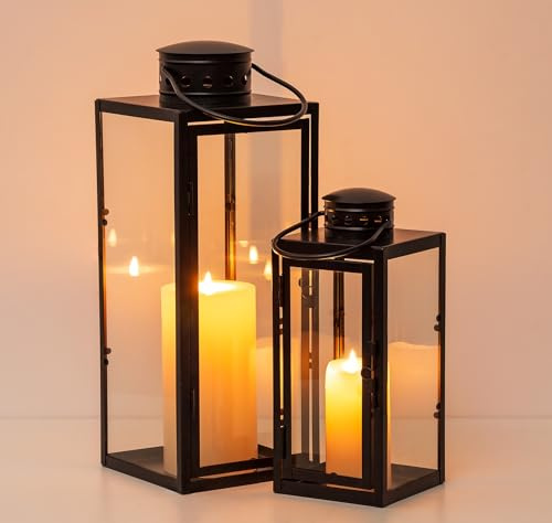 NUPTIO Laternen Set Schwarz für Kerze: Metall Laterne Deko Outdoor Groß Friedhof Kerzen Wetterfest Kerzenlaterne Garten Draußen Kerzenhalter Windlicht Grablaterne Gartenlaterne 24cm&35cm