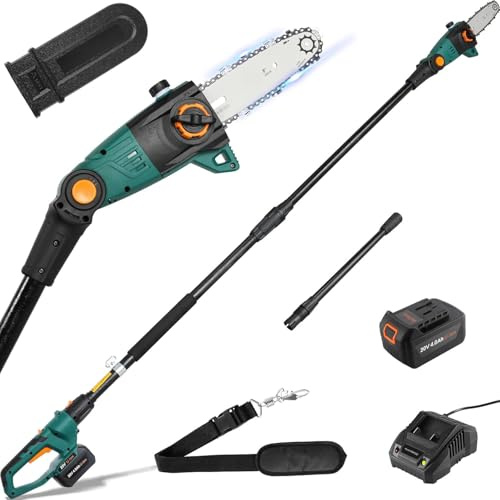 Elektrischer Akku Hochschneider Teleskop Astsäge, 20V 4,0Ah Li-Ion Akku/Ladegerät, 20cm Klingenlänge, 5m/s Kettengeschwindigkeit, Motorkopf 30°
