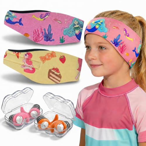 Schwimmen Stirnband für Kinder - 2 Paar Schwimm Ohrstöpsel & Neopren Schwimmband,Hohe Elastizität & Klettverschluss - Wasserdichtes Kopfband Haarband für,Tauchen, Pool, Duschen und Wassersport
