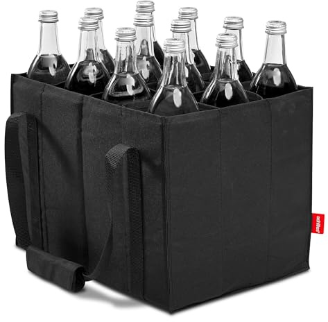 achilles Flaschentasche 12 Fächer je 1,5 Liter – Reißfester Flaschenkorb mit Klettband – Faltbarer Flaschenträger mit Trennwänden – Flaschen Einkaufstasche für Wasserflaschen, Wein und Bier – Schwarz