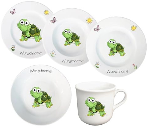 Kindergeschirr Kinderservice 5-tlg. Kinder Service Set aus Porzellan Teller Becher Schale personalisierbar mit Wunschname Name Kindergeschirr mit Namen personalisiert (Schildkröte)