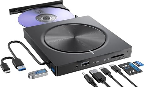 Externes CD DVD Laufwerk USB 3.0 Typ-C, DVD Laufwerk Extern mit SD/TF-Kartenleser 2*USB-C 2*USB-A Anschluss, Portable RW DVD Brenner Extern für Laptop,Desktop,MacBook,iMac,Win 11/10/8/7/XP/Linux/MacOS