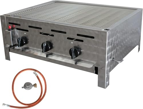 BSR-Grillen 3-flammiger Profi Gasgrill aus Edelstahl, stufenlos regelbar, Gasbräter, Gastrogrill, Gastrobräter, Gasschlauch und Druckminderer (13 kW | verchromter Grillrost)