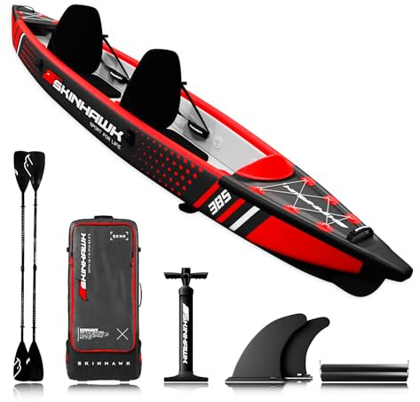 SKINHAWK Premium Full Drop Stitch Kajak 385 Rot, Schlauchboot, Kanu, zum Aufblasen, Adventure Kajak 385 x 85 cm