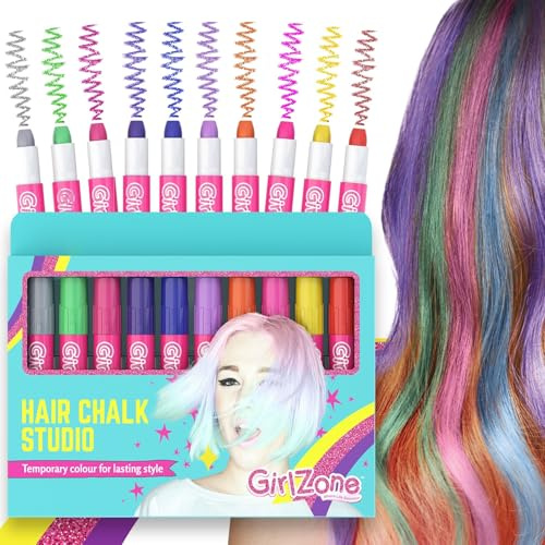 GirlZone Geschenke für Mädchen - Haarkreide-Set für kleine und große Mädchen - Auswaschbare Temporäre Haarfarben Geschenke für Kinder - 10 x Haarfärbestifte Kindergeburtstagsgeschenk