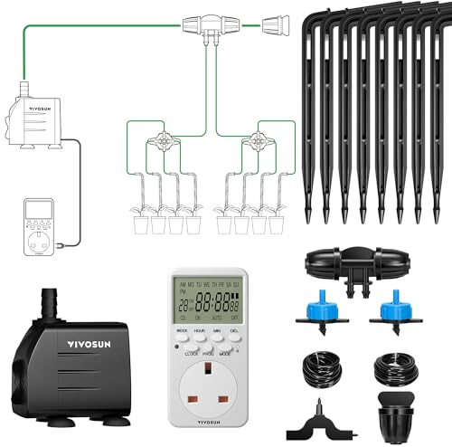 VIVOSUN Bewässerungssystem automatisches Tropfbewässerungsset 15W mit Pumpe,Timer und Regler,8 Tropfer für Indoor und Outdoor Pflanzen