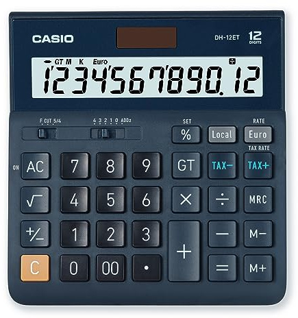 CASIO DH-12ET Tischrechner, großes Display, 12-stellig, Steuerberechnung | 12-stelliges großes Display, Steuerberechnung, Gesamtspeicher, Solar-/Batteriebetrieb.