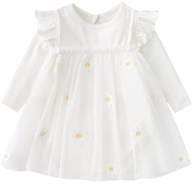 Alunsito Kleinkind Baby Mädchen Kleidung Set Langarm Rüschen Gänseblümchen Bedruckt Tüll Tutu Rock Einteiliges Strampler Kleid Herbst Outfit
