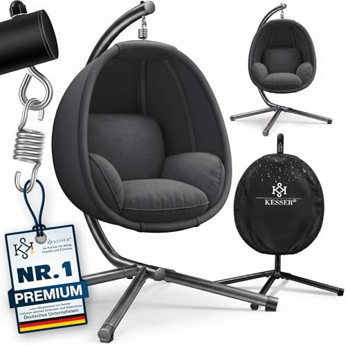 KESSER® Luxe Hängesessel mit Gestell + weiches Sitzkissen und Abdeckung, Seitenpolsterung, Rückenkissen Hängekorb Indoor & Outdoor, Garten Schaukel Hängestuhl Stabiler Standfuß, max. 150 kg Anthrazit