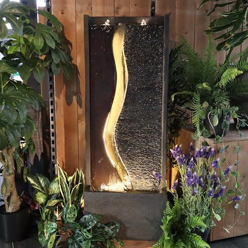 Wacredo Premium Wasserspiel Komplettset Antigua 125cm Schieferoptik Zimmerbrunnen Gartenbrunnen Springbrunnen Gesteinswand für Wohnraum und Garten mit 2X LED Spots und 2X LED Band handbemalt