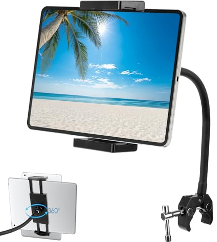 RAKUTE Tablet-Halterung mit Schwanenhals für iPad, Mikrofon und Laufband, 360 Grad verstellbar, kompatibel mit iPad Pro Air Mini und Tablets von 4,7-12,9 Zoll