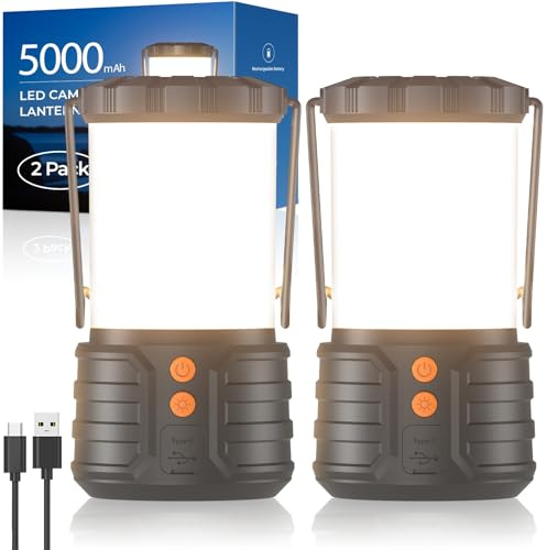 2 Stück Campinglaterne, LED-Campinglaternen, 5000mAh wiederaufladbare Batterie Notfalllichter für Stromausfälle, 3 Farben, IPX4 wasserdichte tragbare Taschenlampe Camping Zeltlicht für Zuhause