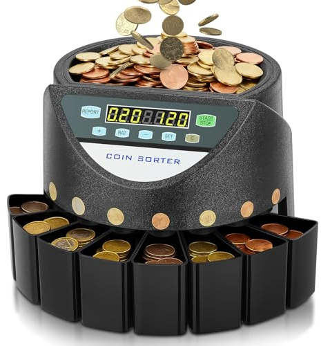 Münzzähler Euro Sortierer, Geldzählmaschine Münzen Sortierer 800 Münzen Kapazität, Münzen Zählmaschine mit 8 Auffangboxen, münzzählmaschine für Schulladenbank, schwarz, U-Bahnen