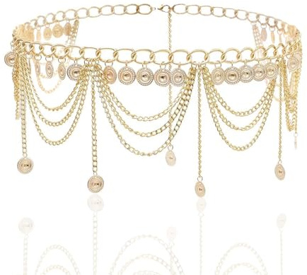 SCDZY Taillenkette Damen GoldBauchkette Gold Metall Kettengürtel Mehrschichtig Bauchkette Ketten Gürtel mit Quastenanhänger, 70 cm + Verlängerungskette 30 cm