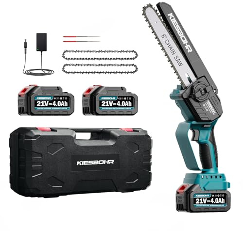 KIESBOHR Akku-Kettensäge, 8 Zoll mini kettensäge mit Kettenschmiersystem(Lithium-Ionen 21V, Bürstenloser Elektromotor, 2 Akkus 4000mAh, 2 Ketten) Batteriebetrieben