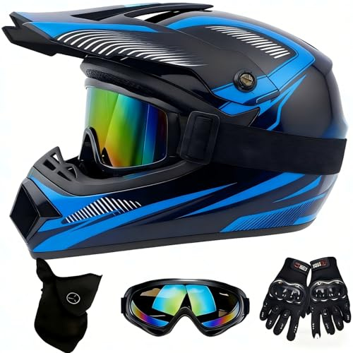 DriveNova MTB Helm Fullface Kinder, Motocross Fullface MTB Helm Downhill Motorradhelm Kinder mit Handschuhe Maske Brille, Jugend Motorradhelme Inklusive 2 Größen Helmfutter (Blau, S-M)