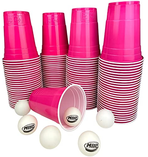 MYBEERPONG® Rosa Bierpong Becher Set | 100 Pink Cups + 6 Beer Pong Bälle | 16 oz (~ 0,5 l) | Party Becher für Feier, Festival & als Geschenk